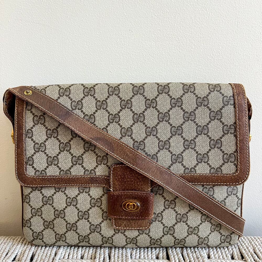 GUCCI GG Supreme Brown Coated Canvas and Leather Bag